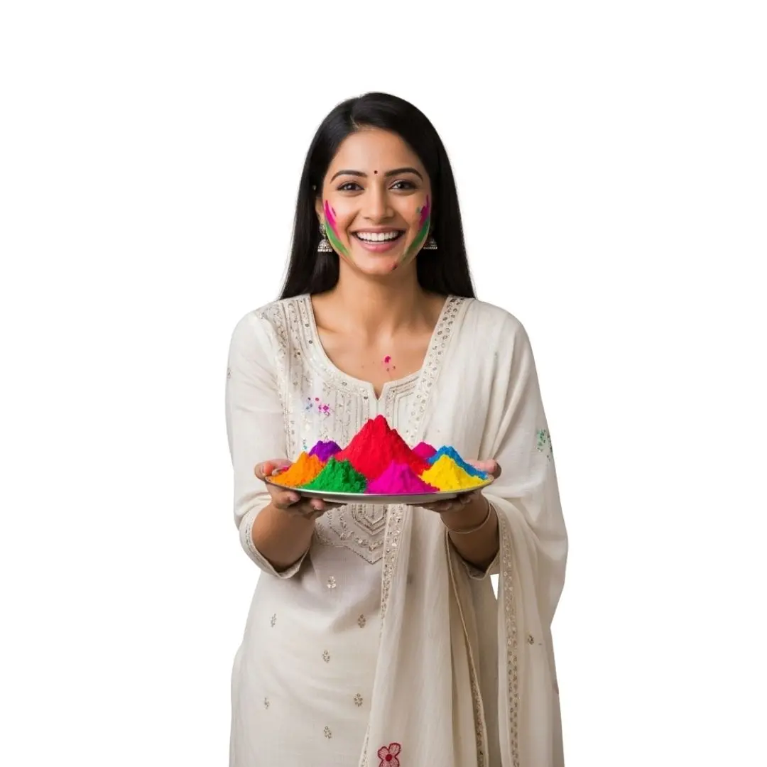 Cheerful Indian Woman Holding Holi Color Powder Plate PNG