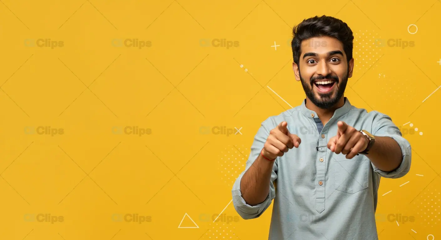 Excited Indian Man in Casual Kurta on Yellow