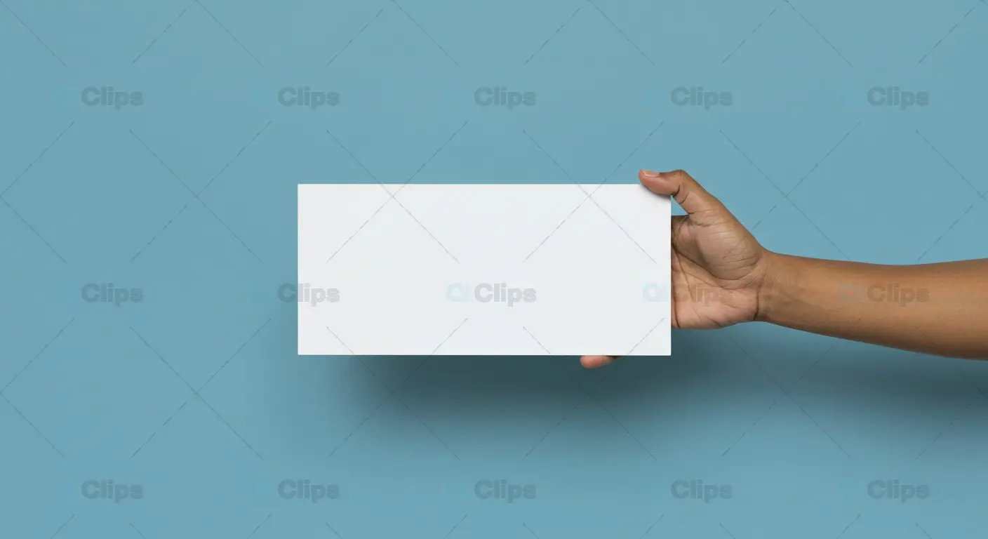 Minimalist Blank Card Held by Hand on Blue Background