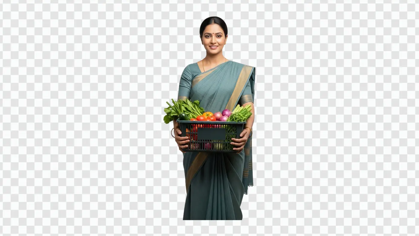 Indian Woman Holding Basket of Fresh Vegetables PNG