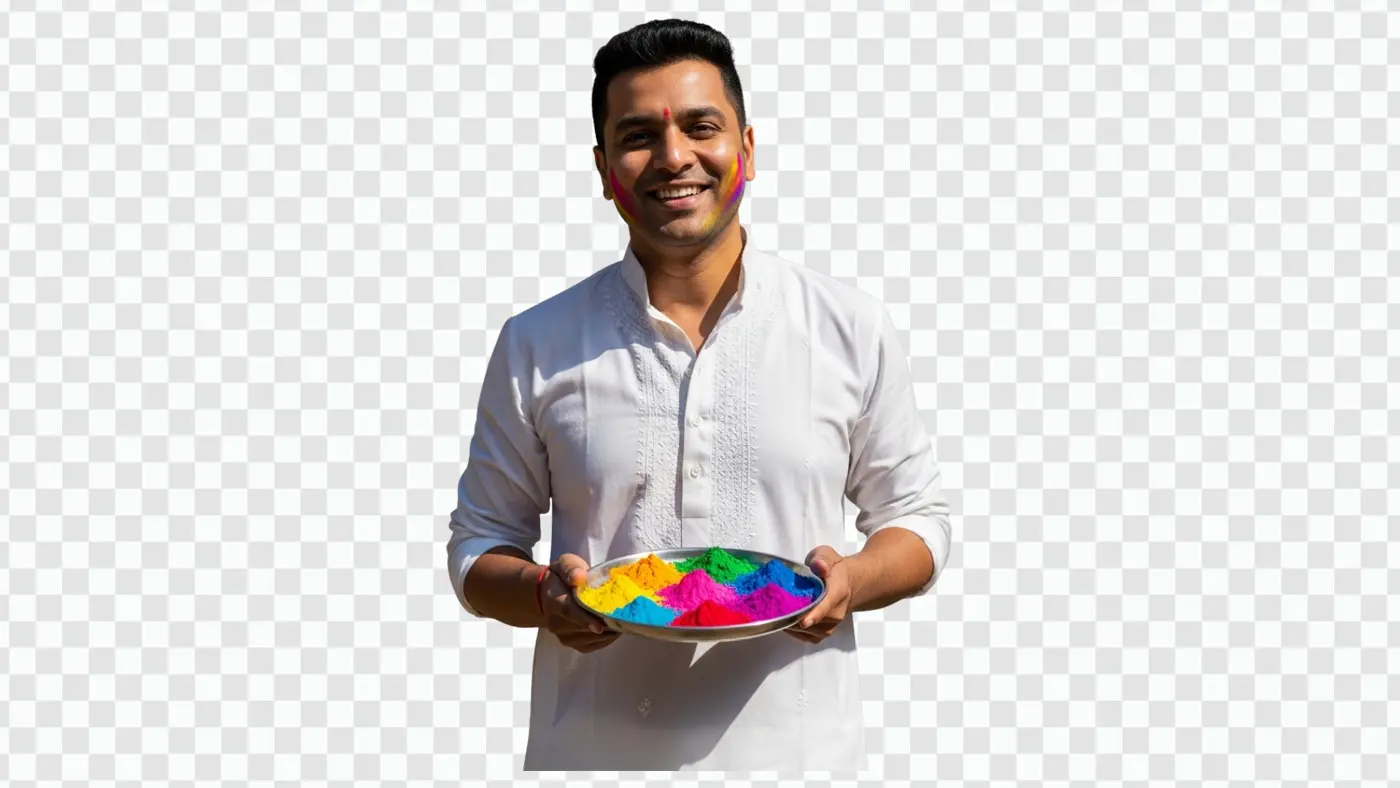 Joyful Man in Kurta Holding Holi Colors PNG Clipart