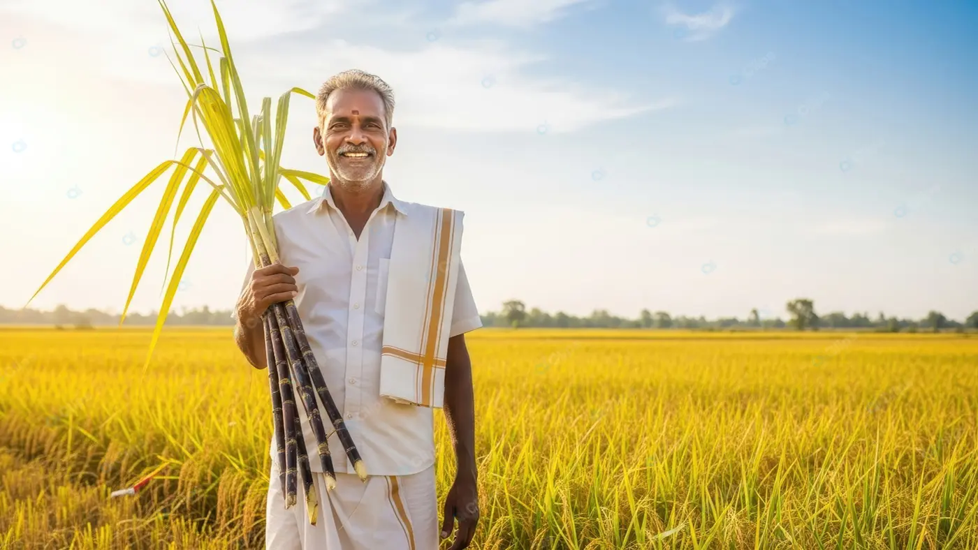 Content Indian Farmer in Golden Paddy Field
