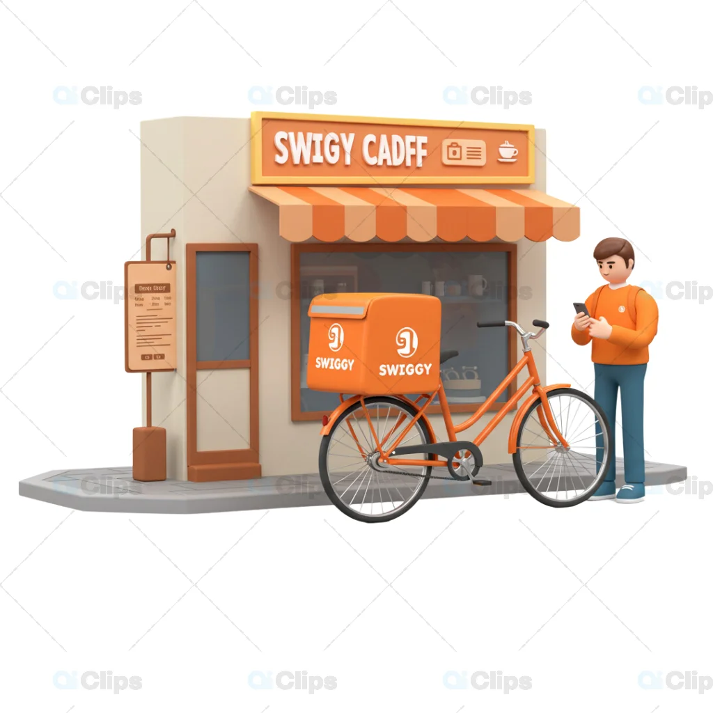 Swiggy-Themed 3D Café and Delivery Bike Illustration