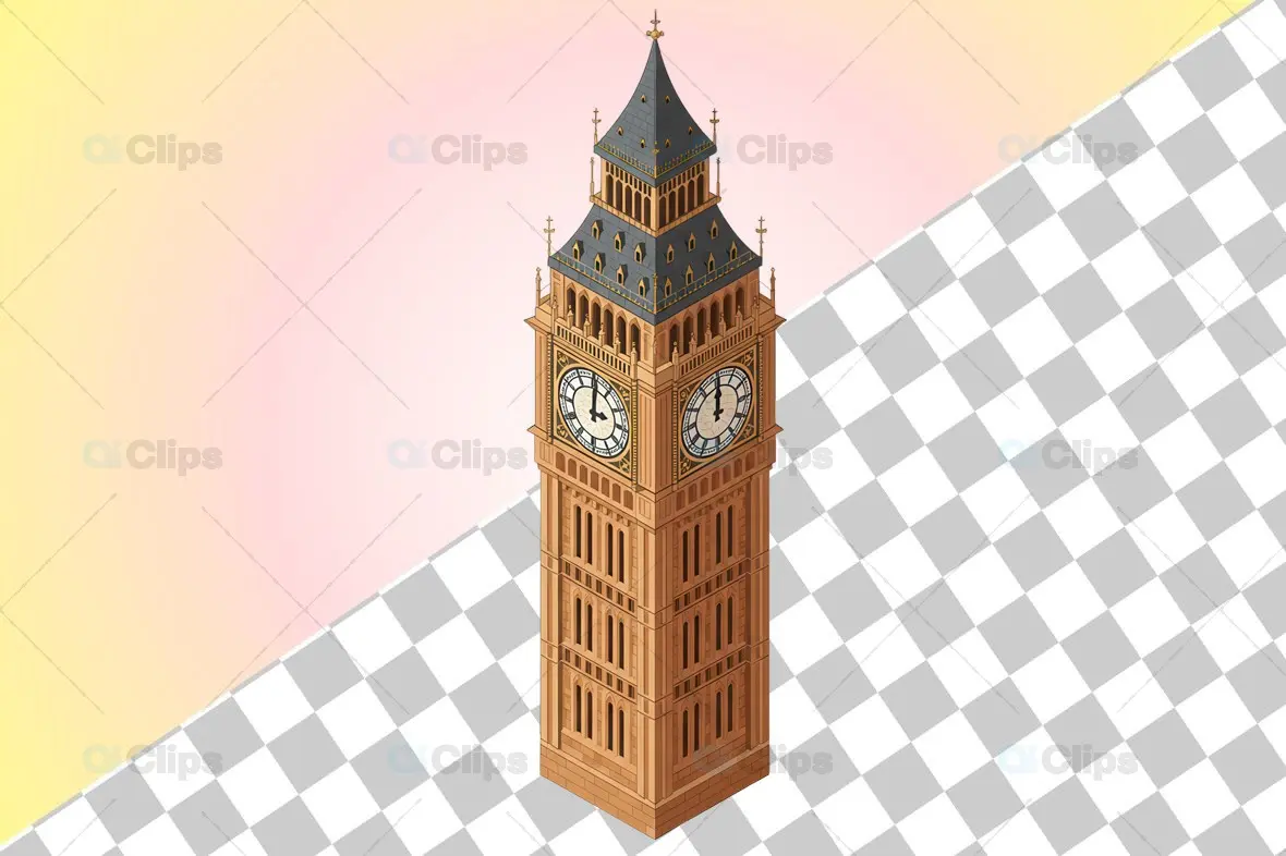 Isometric 3D Big Ben Clock Tower on Transparent Background