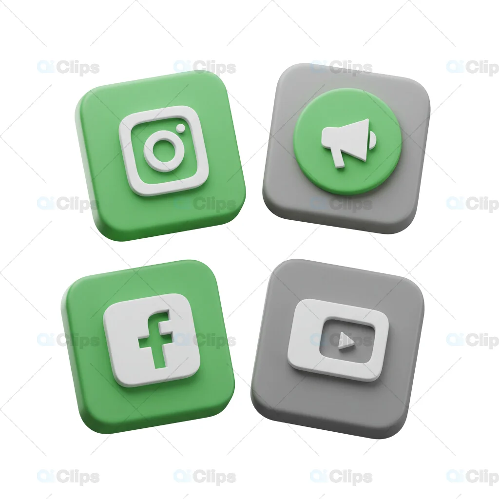 3D Social Media Icons Green and Gray Platform Buttons