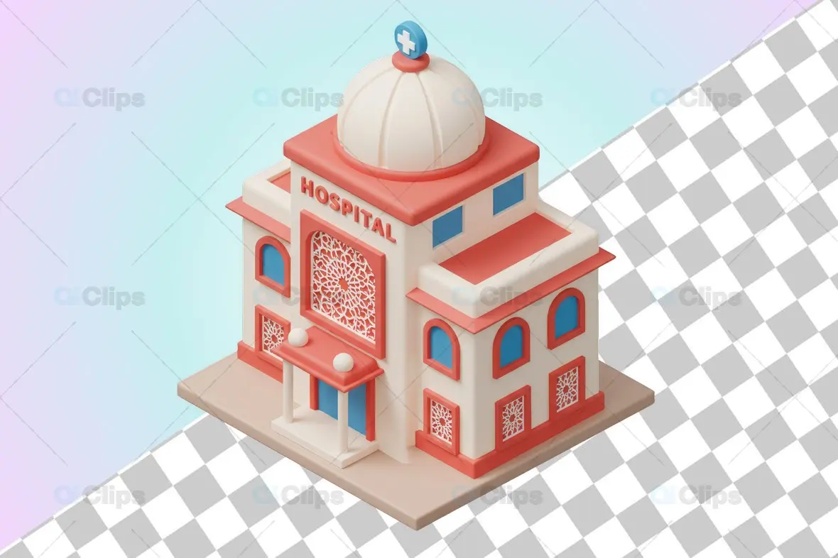 Isometric Hospital Building with Ornate Facade and Domed Roof