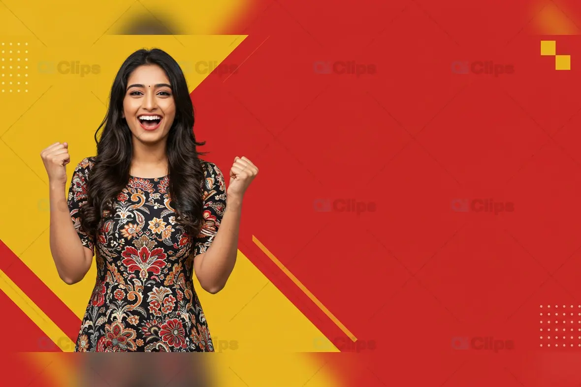 Excited Indian Woman in Floral Dress with Red and Yellow Background