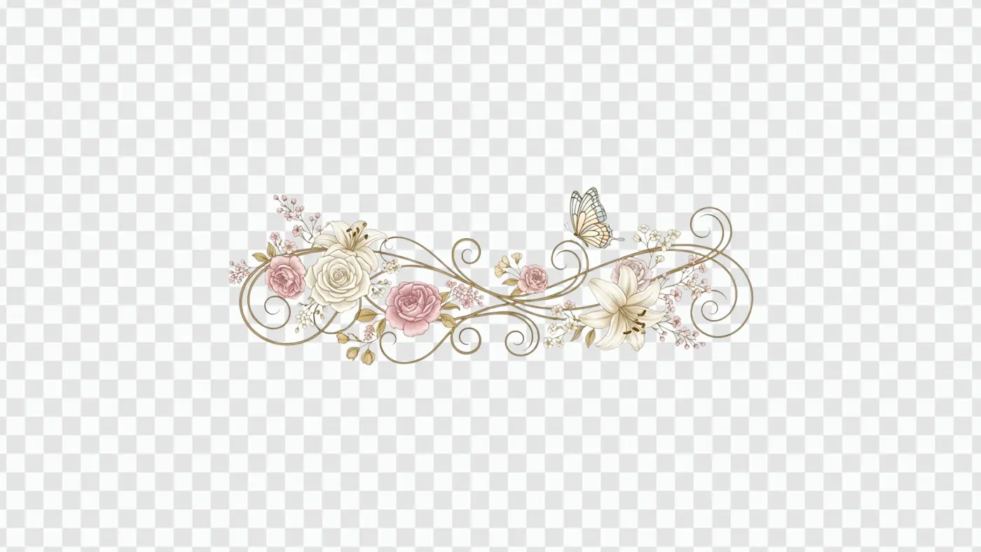 Elegant Rose Lily Floral Divider with Butterfly Clipart PNG