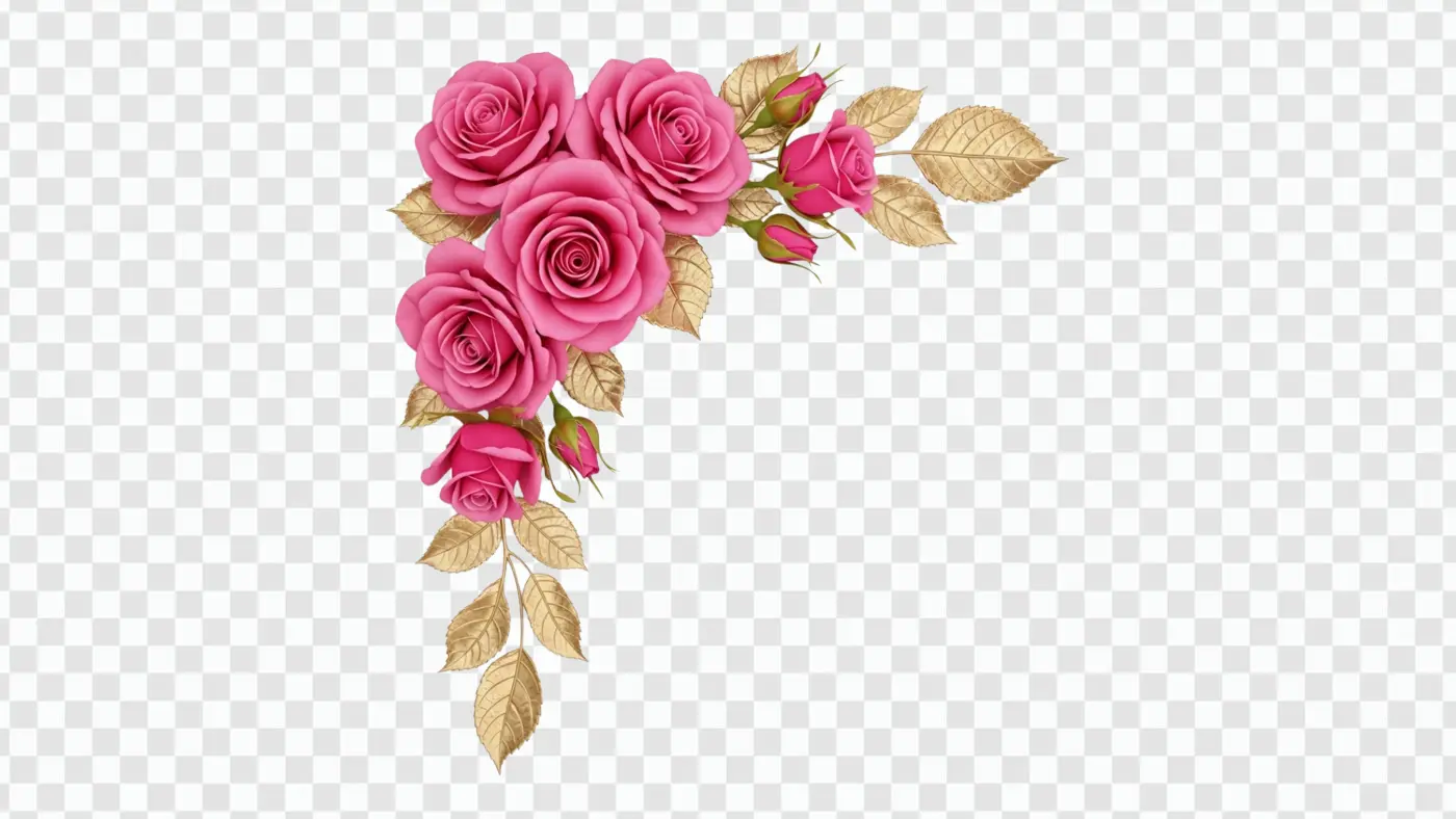 Luxurious Pink Roses with Golden Leaves Corner Clipart PNG