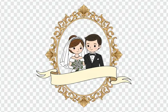 Cute Wedding Couple in Ornate Frame Banner Clipart