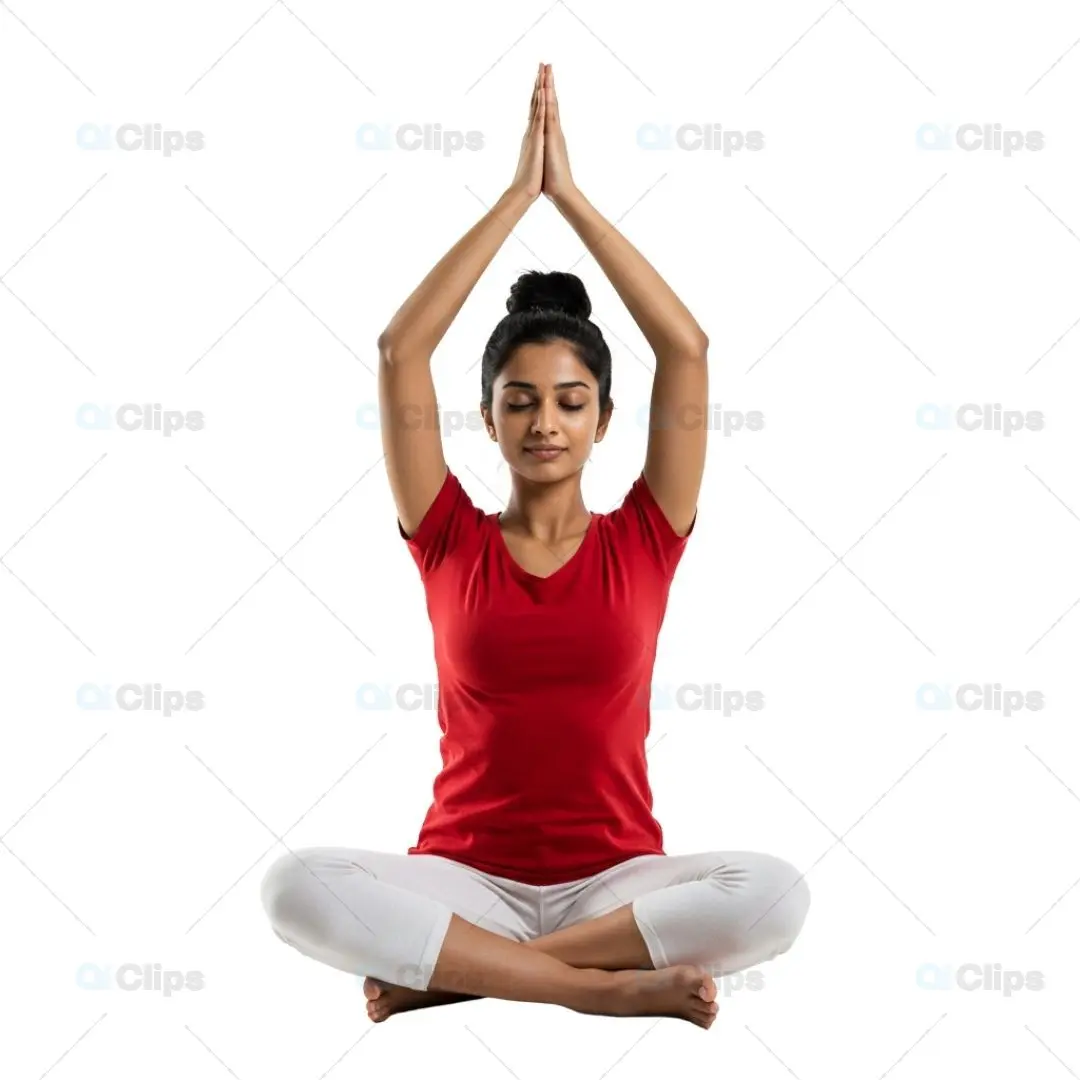 Yoga Meditation Pose with Raised Arms in Red and White Attire