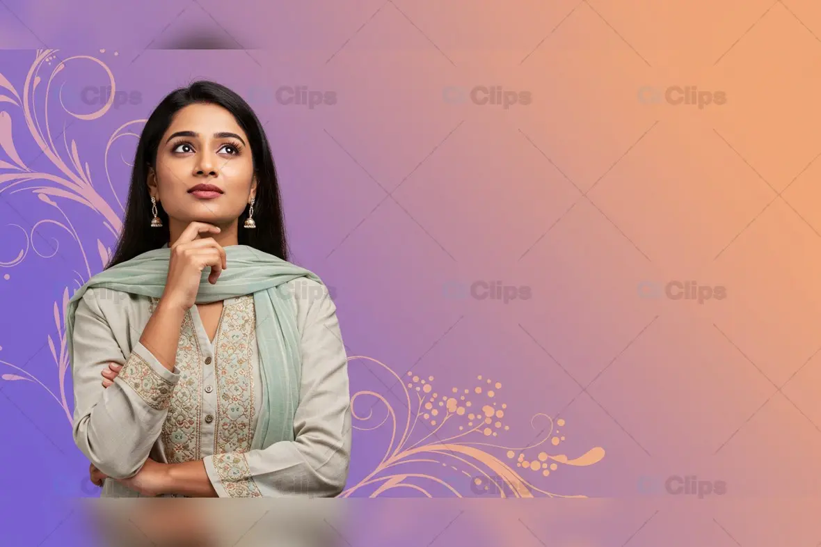 Thoughtful Indian Woman on Elegant Floral Background