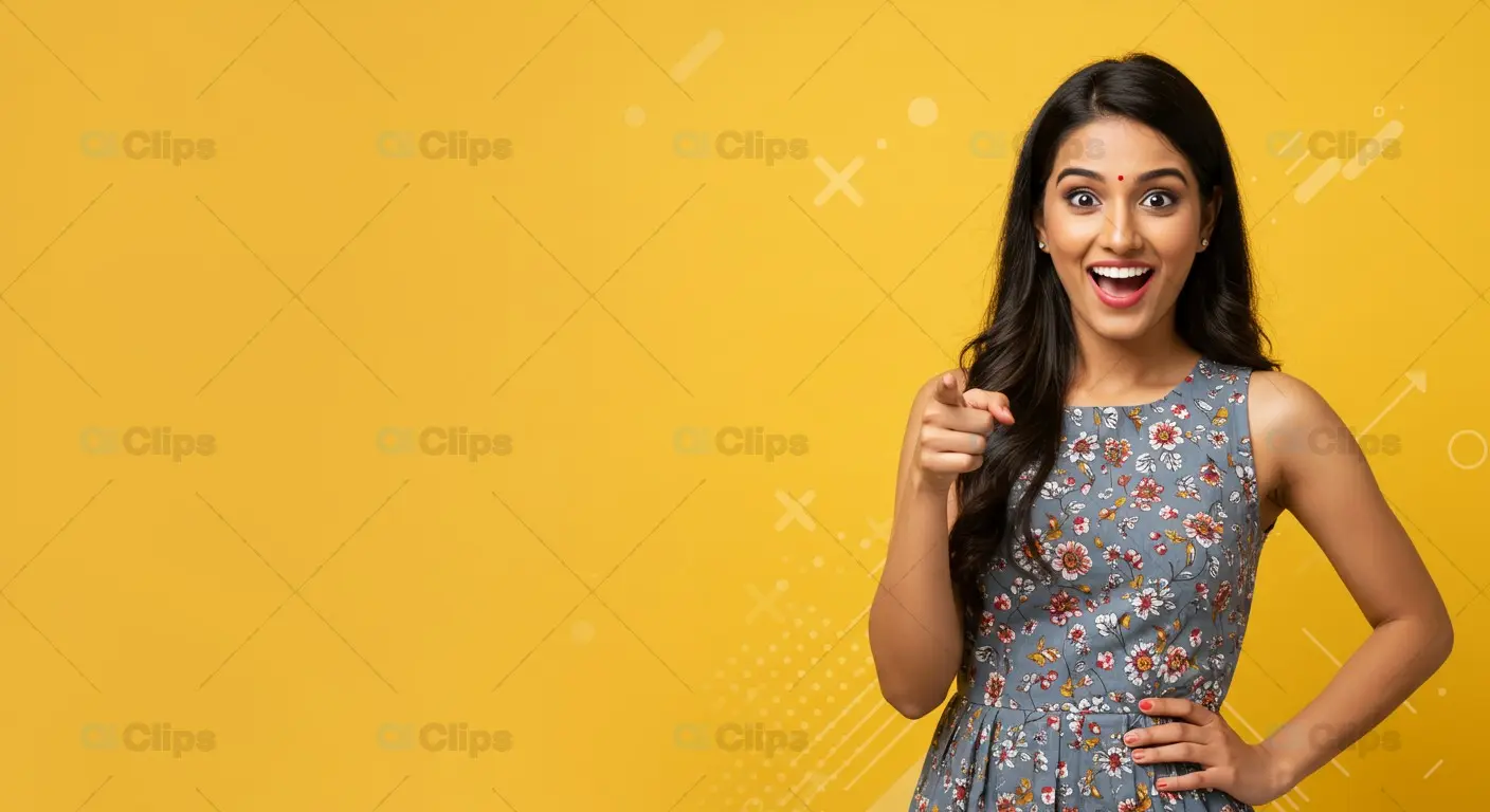 Smiling Indian Woman in Floral Dress on Yellow