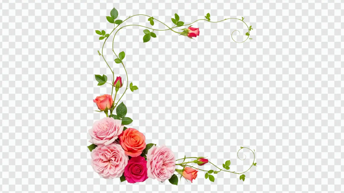 Lush Pink Rose Floral Vine Corner Frame PNG