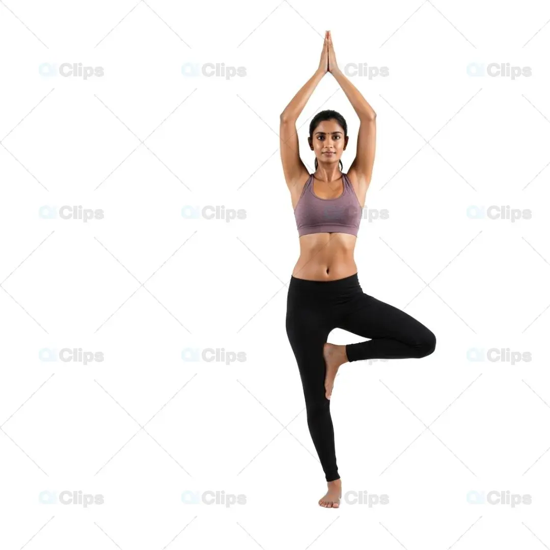 Woman Performing Tree Pose Yoga on White Background
