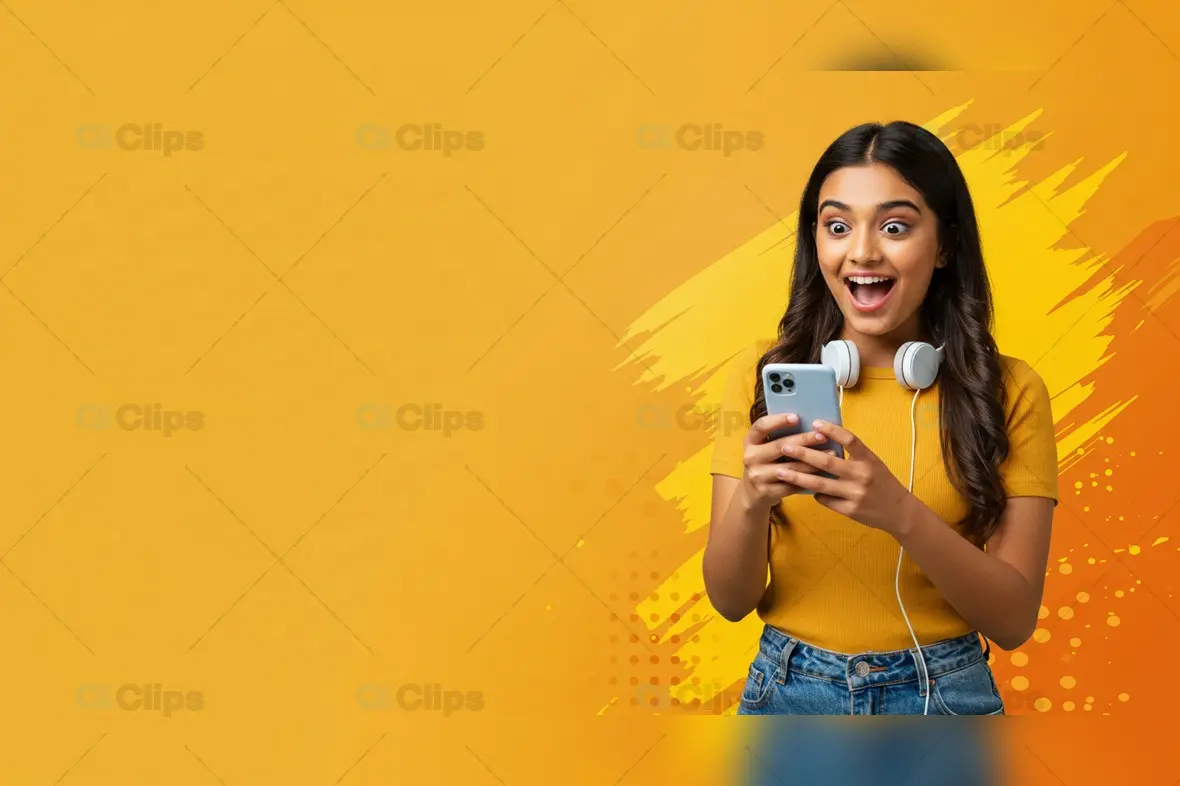 Excited Woman with Smartphone and Headphones Background