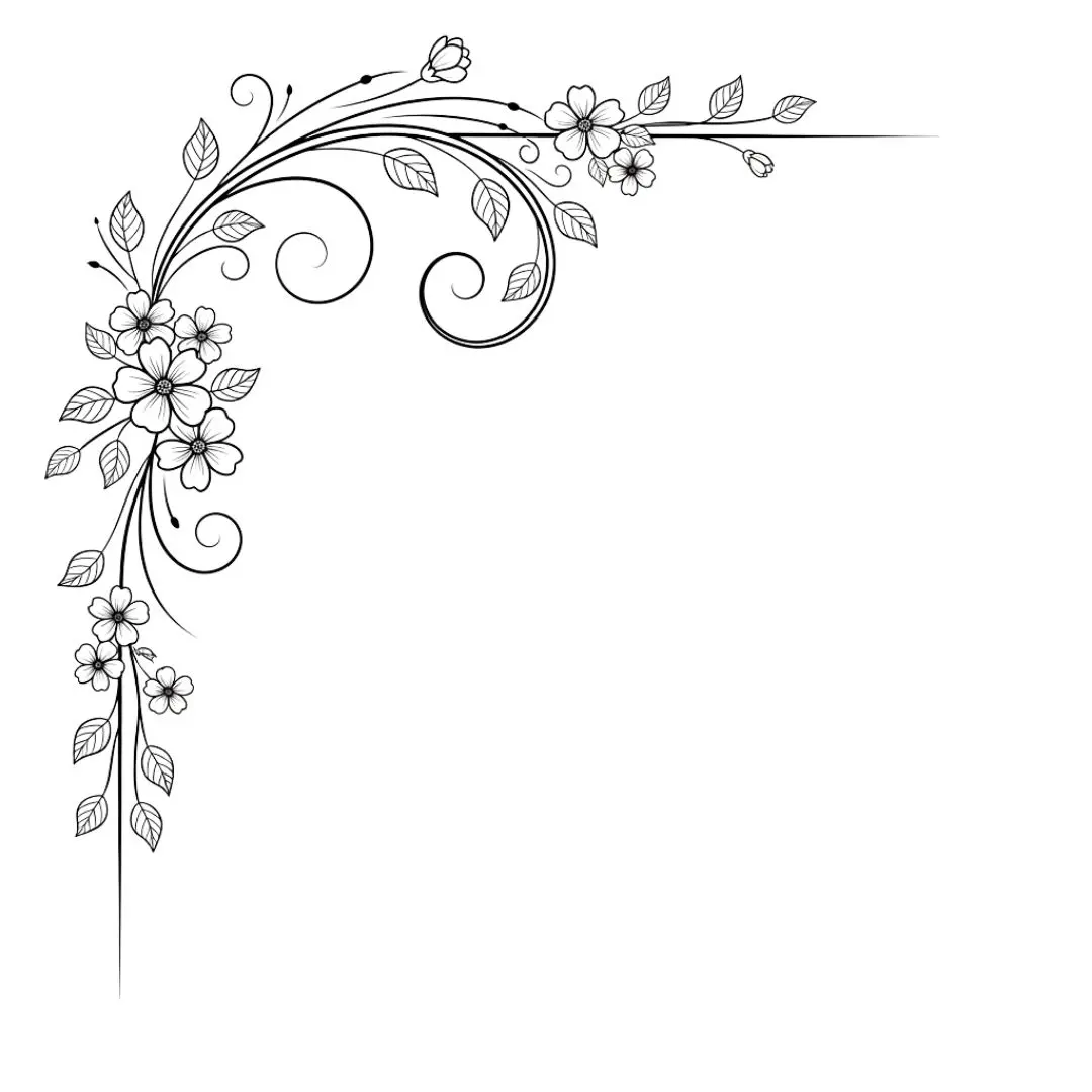 Elegant Floral Vine Swirl Corner Border Line Art PNG