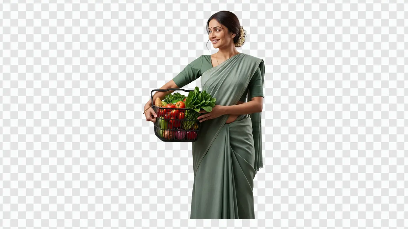 Happy Indian Woman Shopping for Fresh Vegetables PNG
