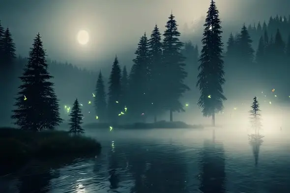 Mystical Forest Lake with Fireflies Under Full Moon