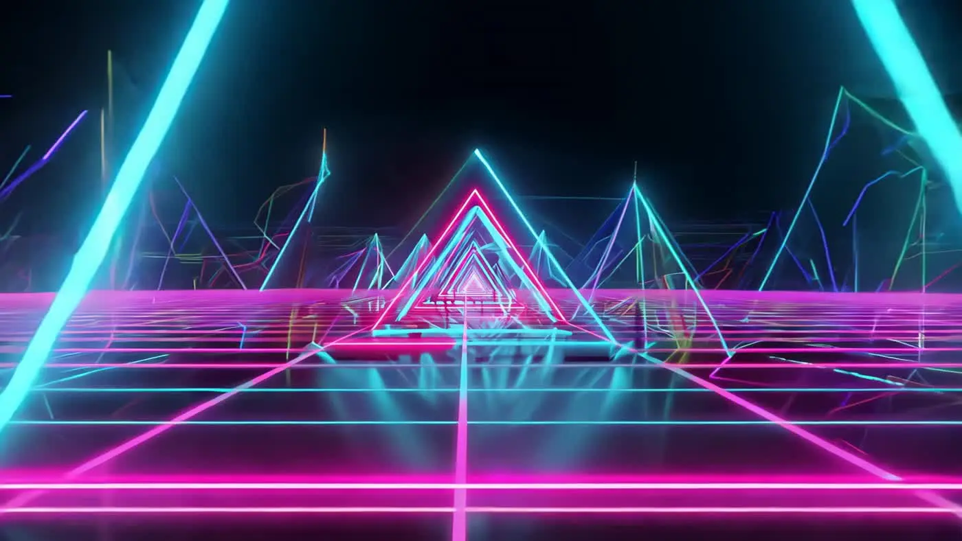 Neon Triangle Tunnel in Retro Synthwave Grid Landscape | AIClips
