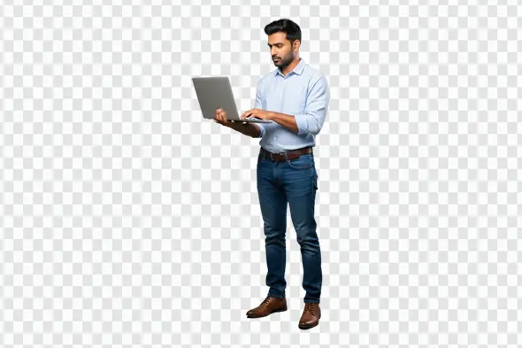 Indian Man in Casual Formals Working on Laptop PNG