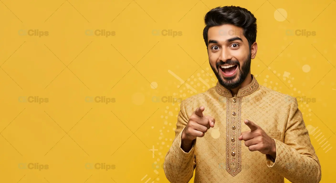 Excited Indian Man in Traditional Kurta on Yellow