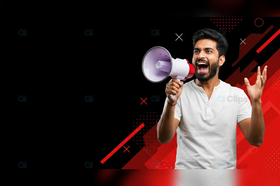 Indian Man with Megaphone on Bold Black and Red Graphic Background