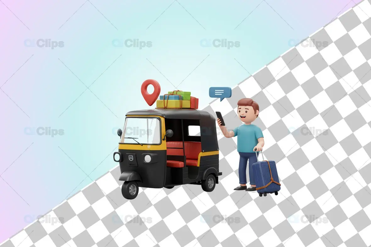 3D Auto Rickshaw with Traveler and Luggage Illustration