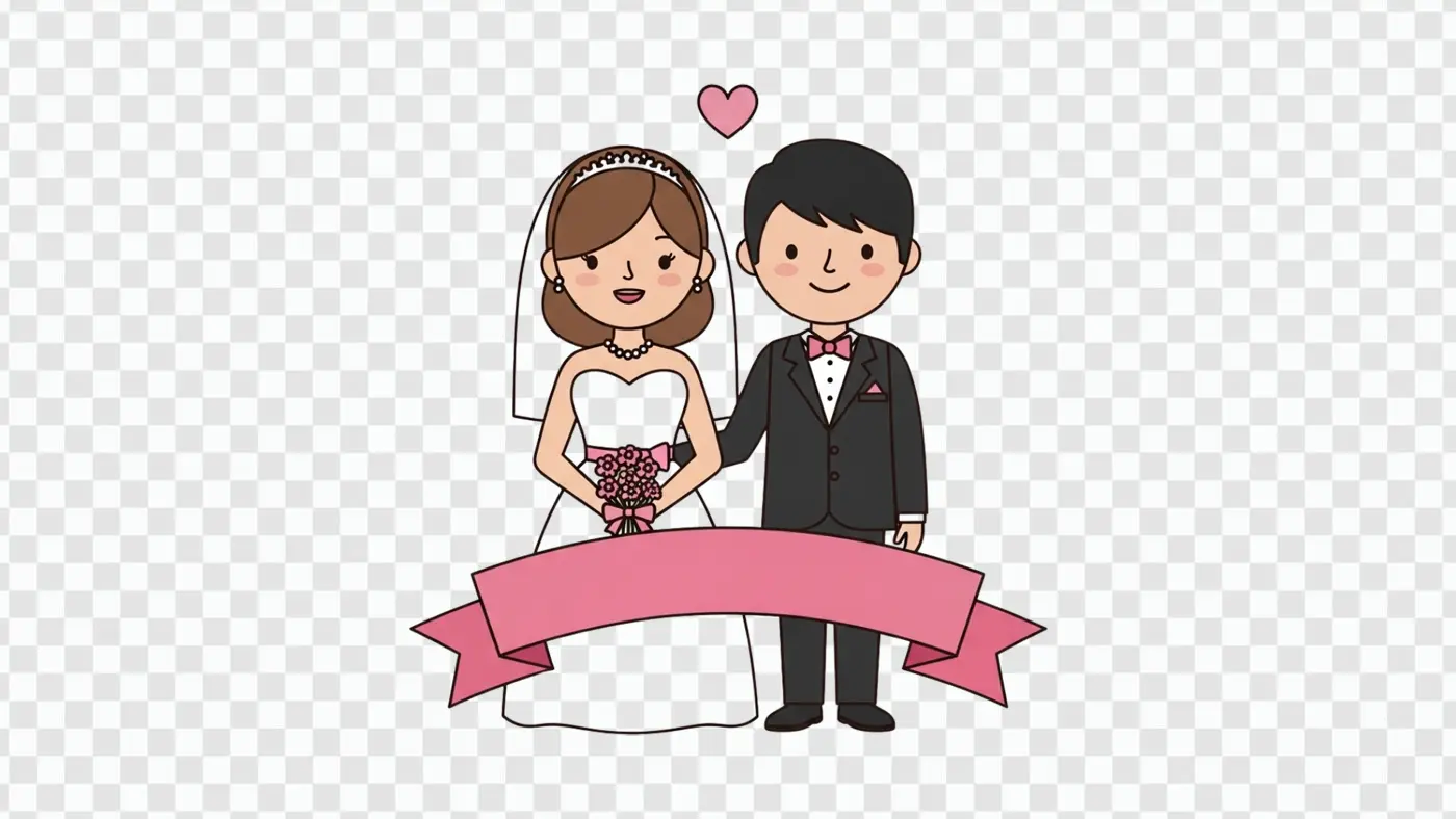 Adorable Wedding Couple with Blank Pink Ribbon Clipart