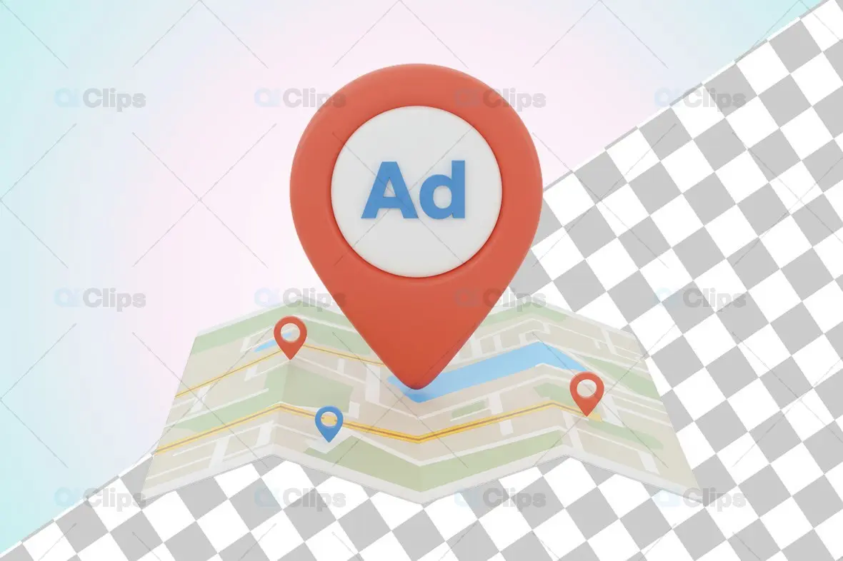 3D Location Pin with Ad Marker on Folded Map