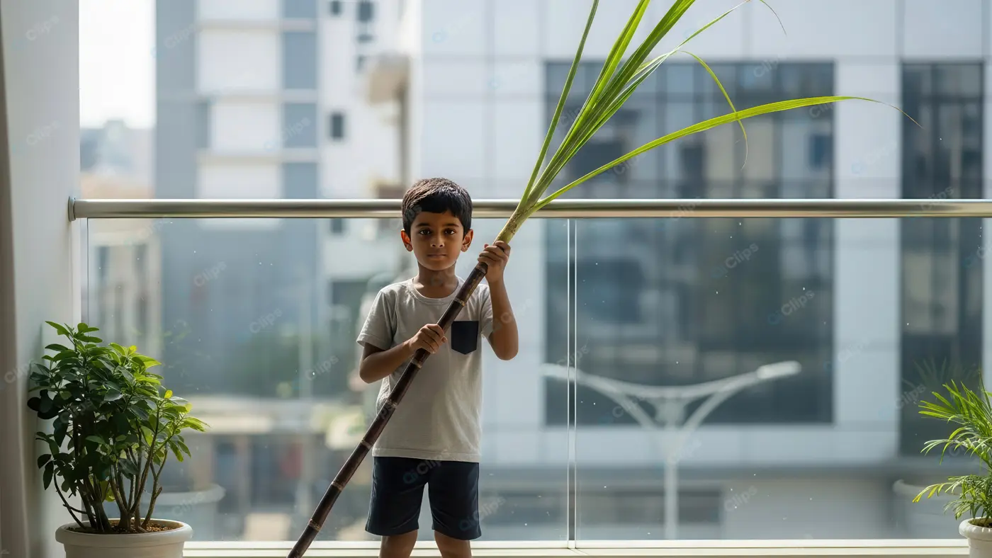 Indian Child with Sugarcane Stalk