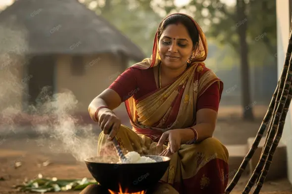 Traditional Outdoor Cooking by an Indian Woman