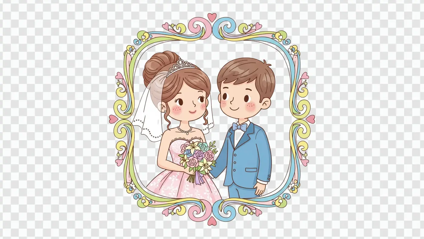 Charming Cartoon Wedding Couple in Ornate Frame Clipart PNG