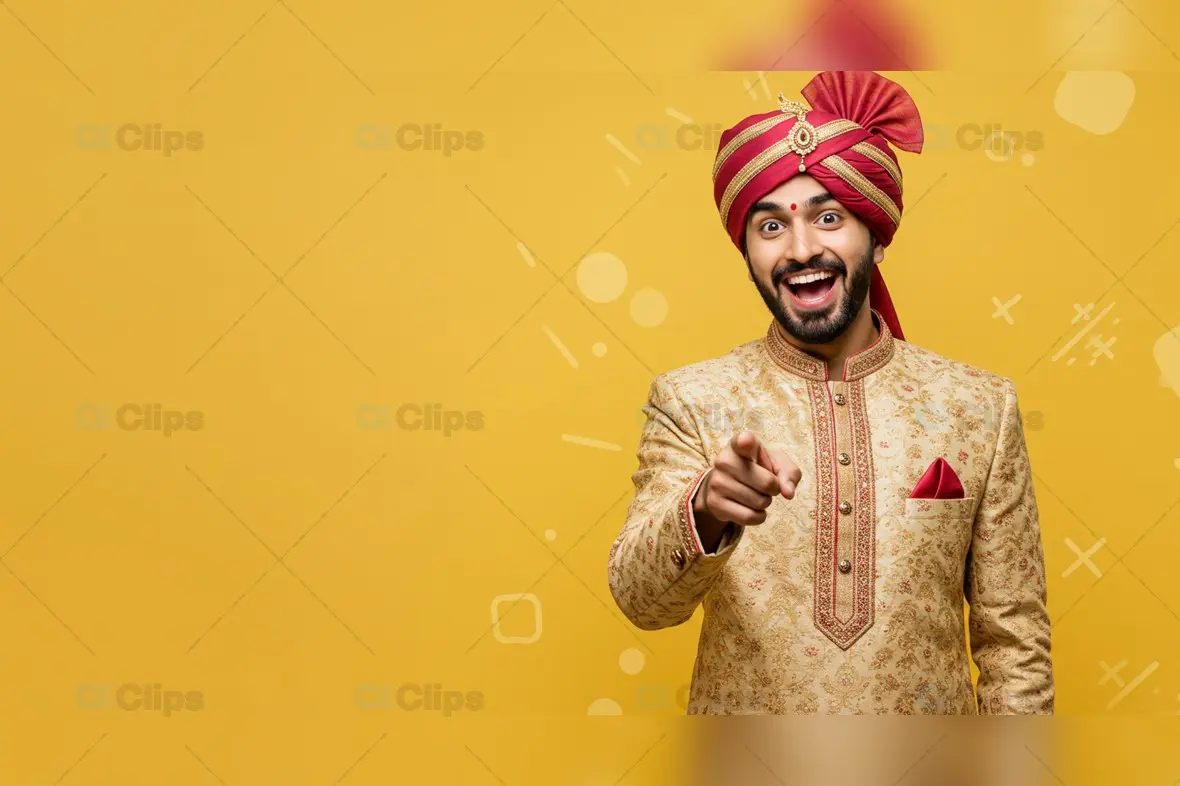 Smiling Indian Groom Pointing on Yellow Background