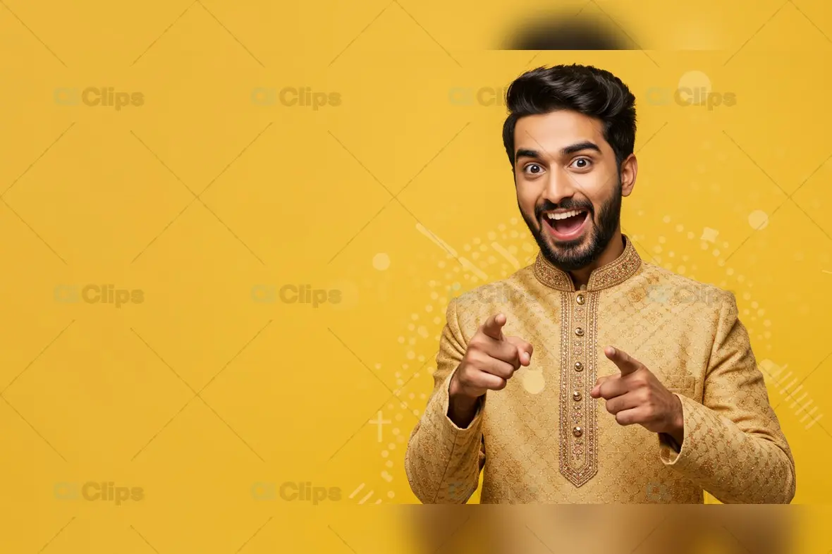 Excited Indian Man in Traditional Kurta on Yellow