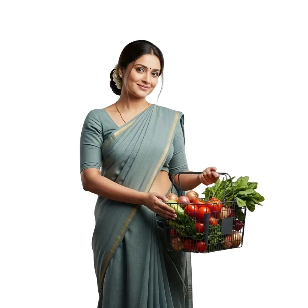 Indian Woman with Vegetable Grocery Basket Clipart PNG