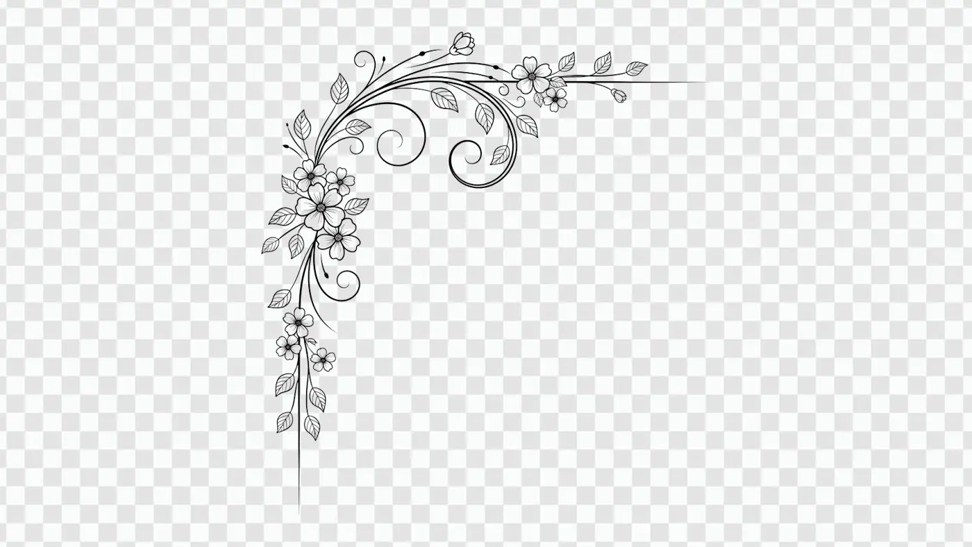 Elegant Floral Vine Swirl Corner Border Line Art PNG