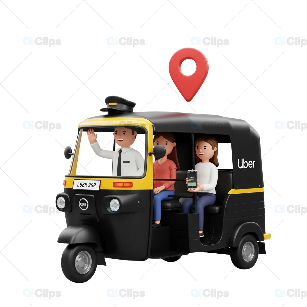 3D Uber Auto Rickshaw with Passengers and GPS Pin