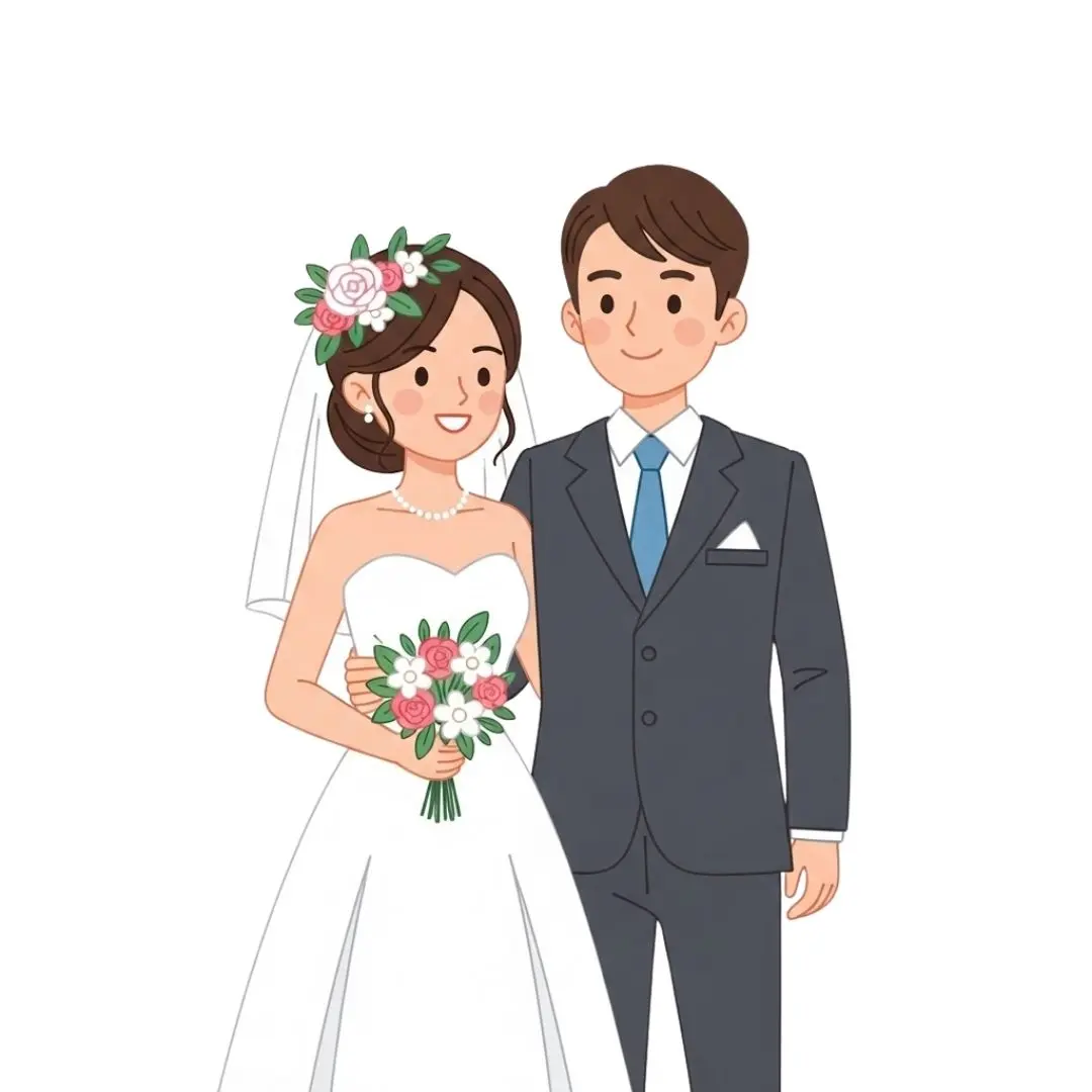 Smiling Bride and Groom Cartoon Wedding Clipart PNG