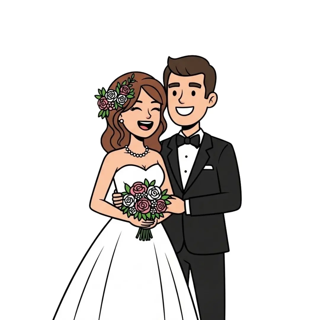 Joyful Bride and Groom Cartoon Wedding Portrait Clipart