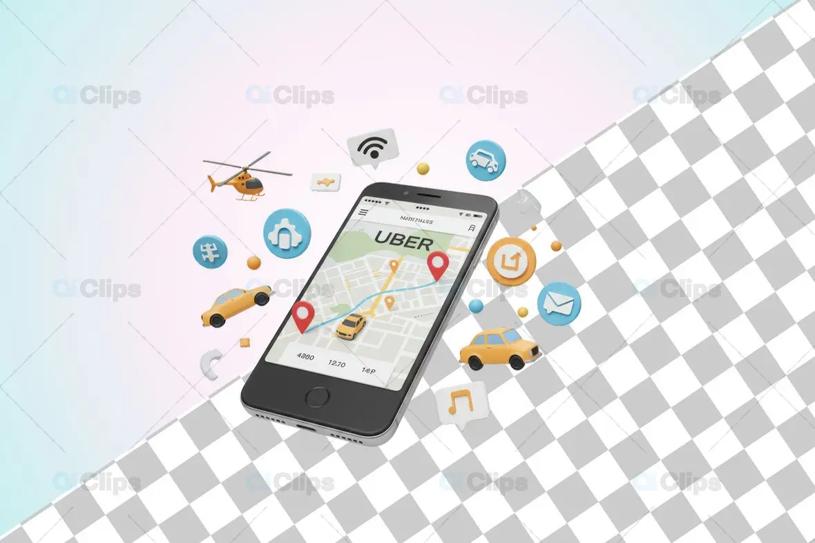 3D Uber App Interface with Map, Vehicles, and Feature Icons