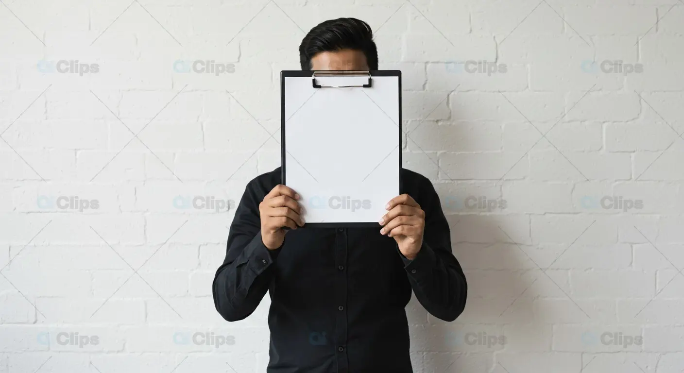 Man Holding Blank Clipboard in Front of Face