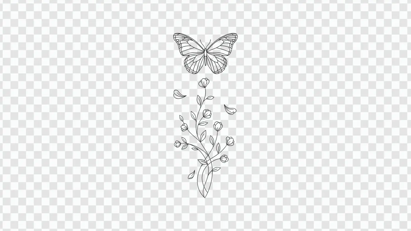 Elegant Butterfly with Flower Stem Line Art PNG