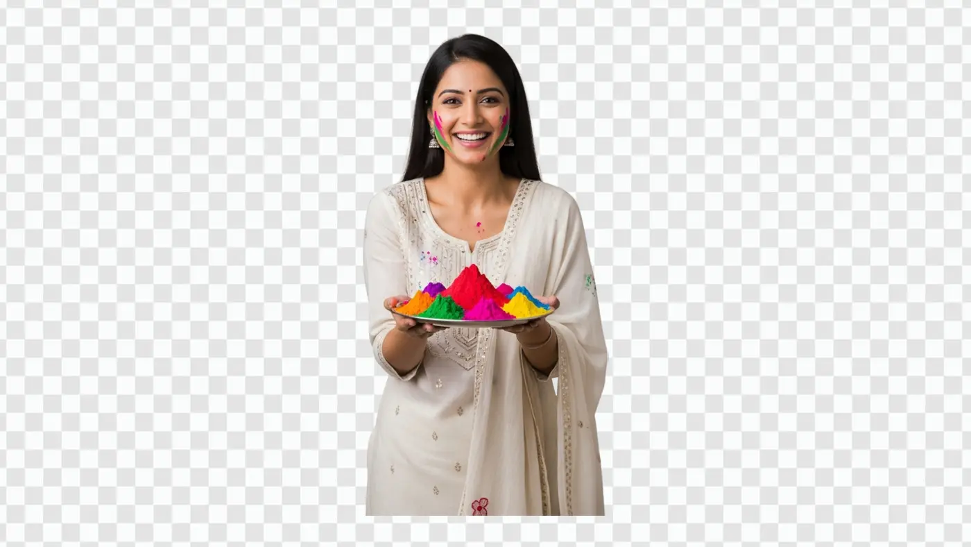 Cheerful Indian Woman Holding Holi Color Powder Plate PNG