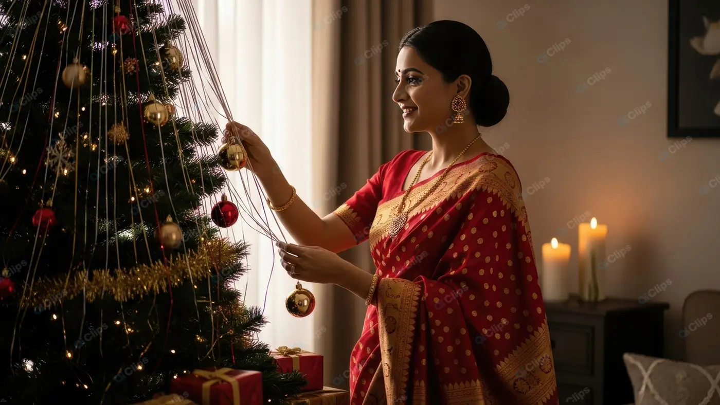 Graceful Woman Decorating a Holiday Tree