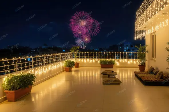 Urban Terrace Celebration with Fireworks