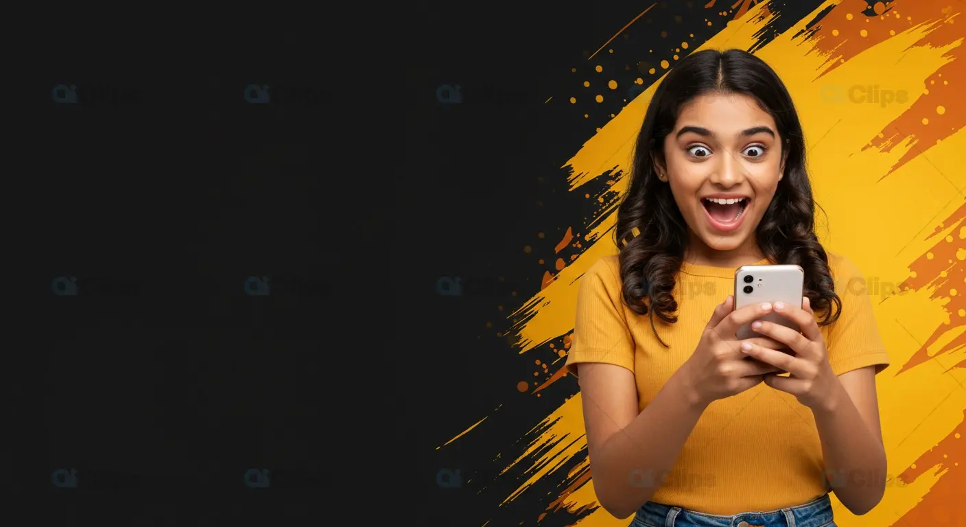 Excited Woman Using Smartphone on Black and Yellow Background