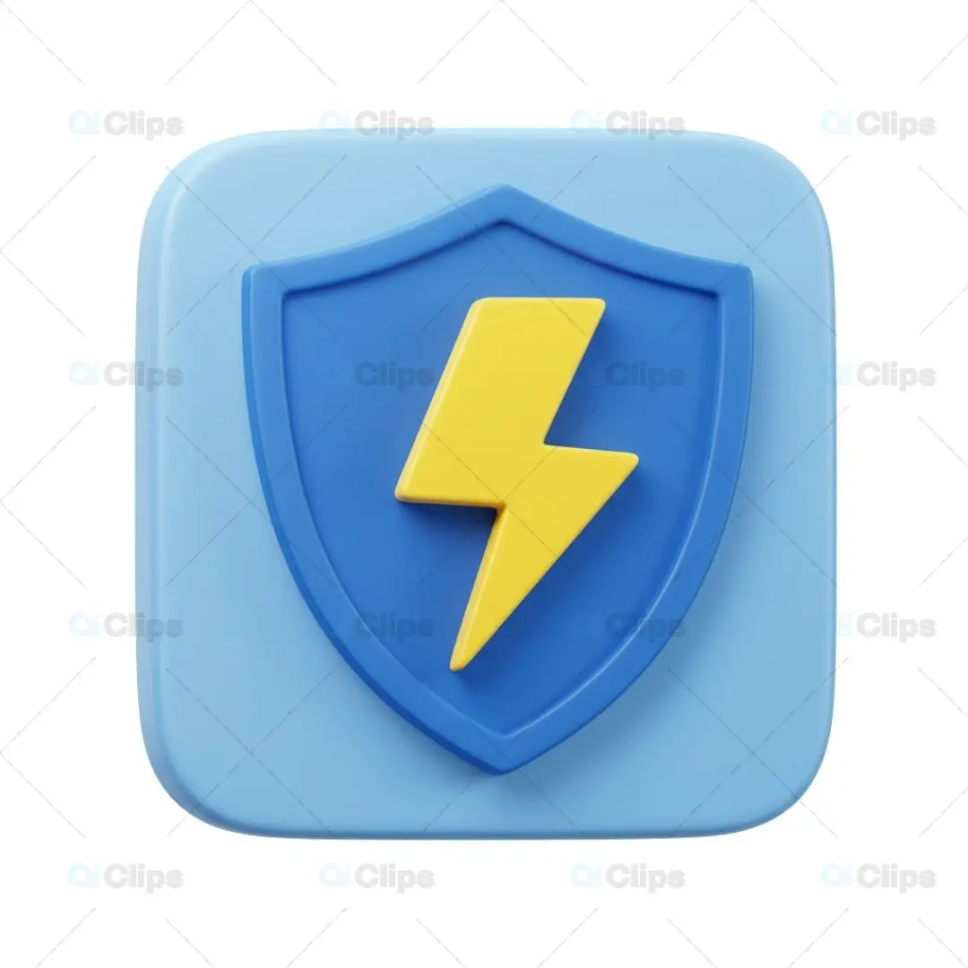 3D Security Shield with Lightning Icon Illustration
