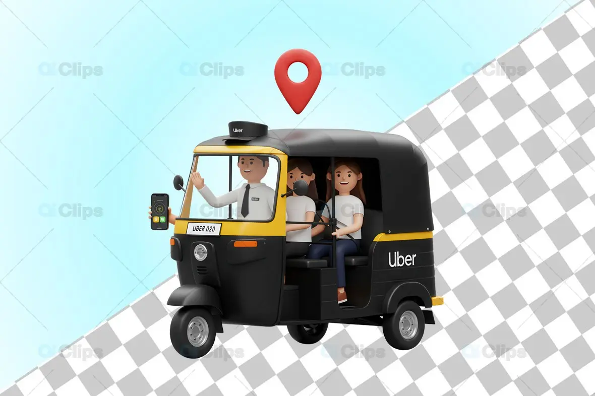 3D Uber Auto Rickshaw with Passengers and Driver Displaying App