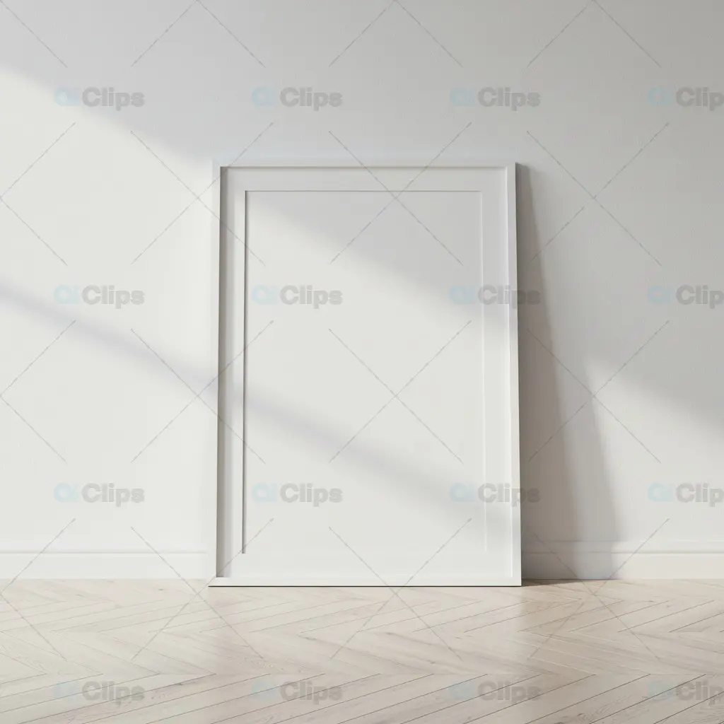 Minimalist White Frame on Herringbone Floor with Shadow Play